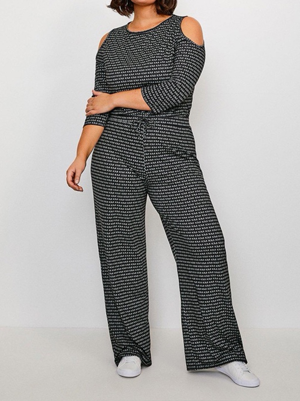 Karen Millen Wide Leg Lounge Pant Size 20 KM Logo Black Gray Pajama Jersey Knit